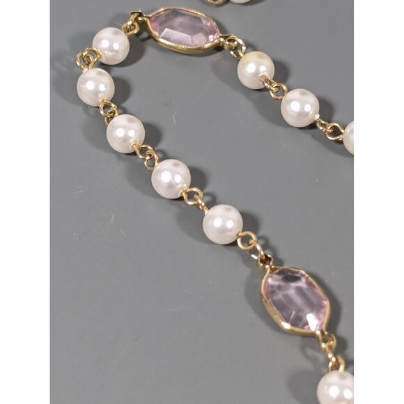 Vintage White Faux Pearl Pink Bezel Beaded Necklace Classic 22 inch - Picture 5 of 9